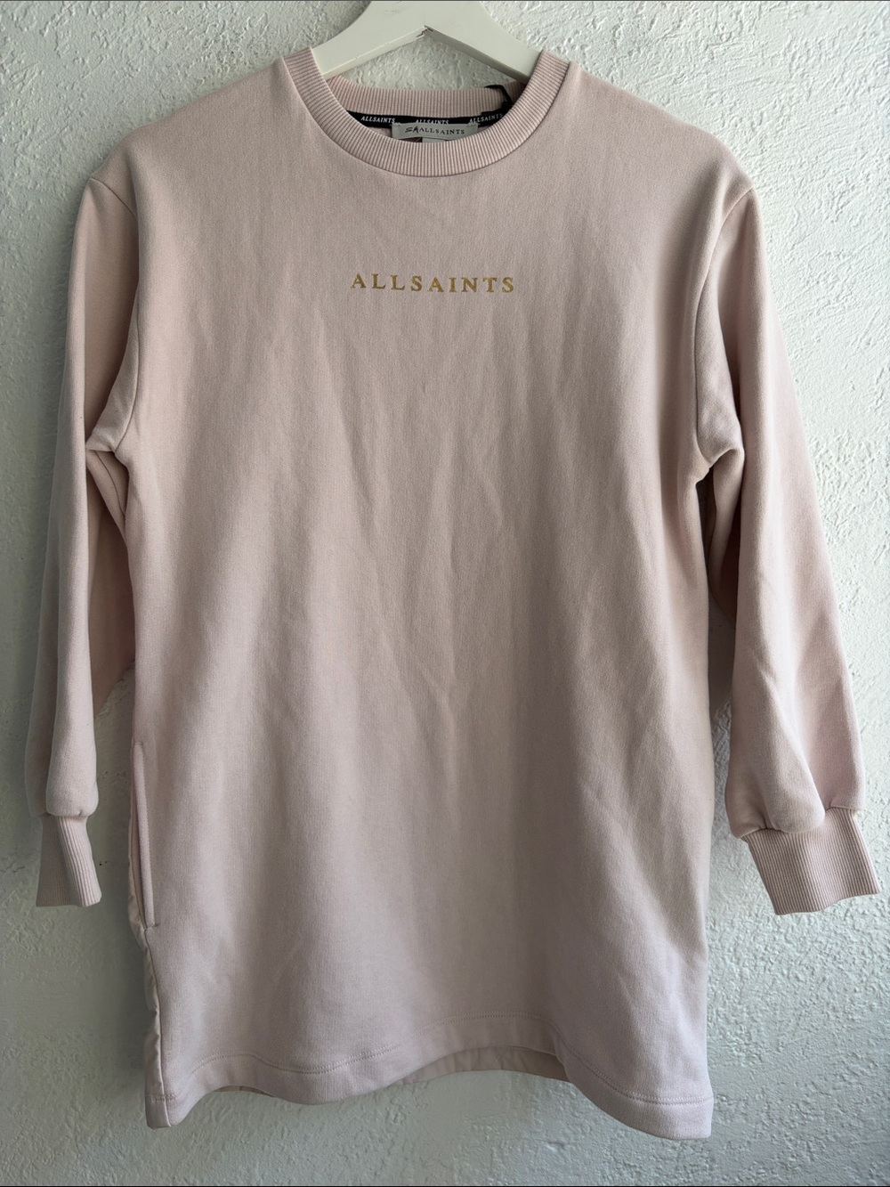 AllSaints Girls Pale Pink Crewneck Sweatshirt with Gold Logo
